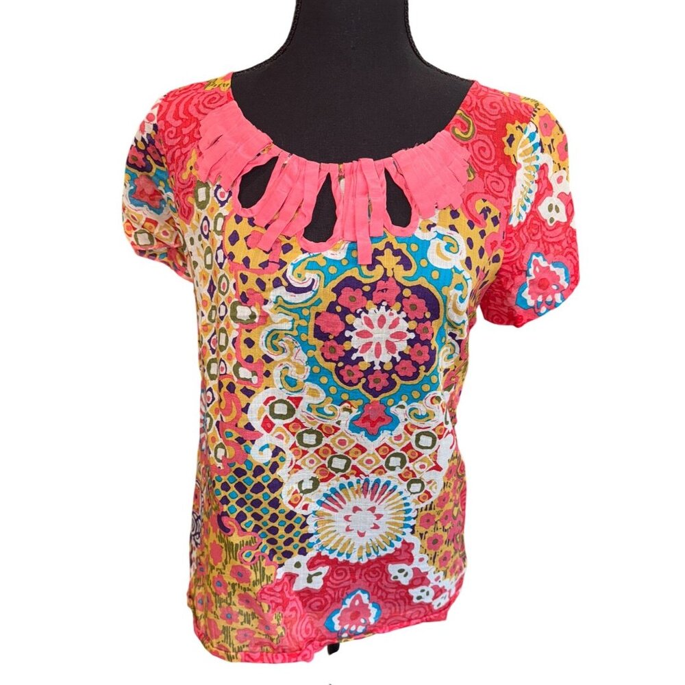J.Crew Lattice Multicolor Boho Print Top Cutout Neckline 4 Cotton Cottage Core